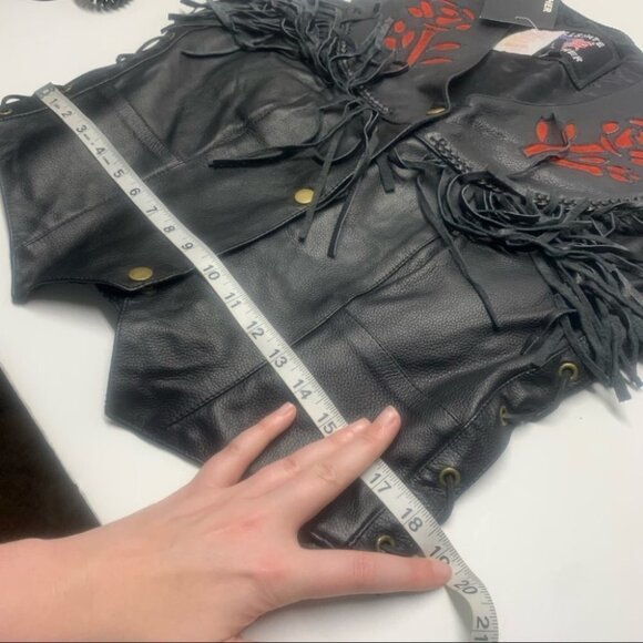 . NWT Leather Rose Motorcycle Jacket Fringe Black - Picture 8 of 14